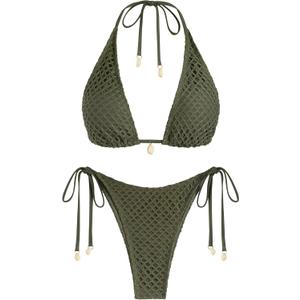 ZAFUL Women's Triangle Bikini Multiway Fishnet Tie Side Bandeau Halter String Bikini Set Two Piece Swimsuit Bathing Suits (Green, M)