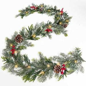 6FT Flocked Cedar Garland with Lights Timer, Pre-lit Christmas Garland Pinecones & Red Berries Warm White Lights, Lighted Cypress Garlands Battery Operated Christmas Decor Mantel Table Indoor Outdoor