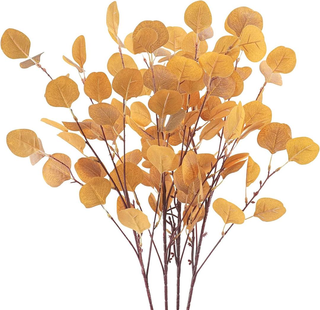 4Pcs Artificial Eucalyptus Leaves Stems 33.8 Eucalyptus Branches Orange Fake Fall Flowers for Home Fireplace Farmhouse Party Wedding Table Bathroom Autumn Dcor