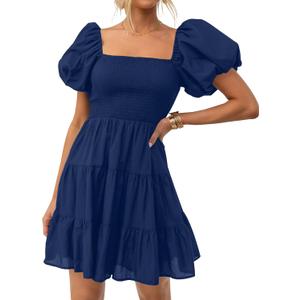 ZESICA Women's Boho 2025 Summer Square Neck Puff Sleeve Off Shoulder Smocked Tiered Casual A Line Short Mini Dress