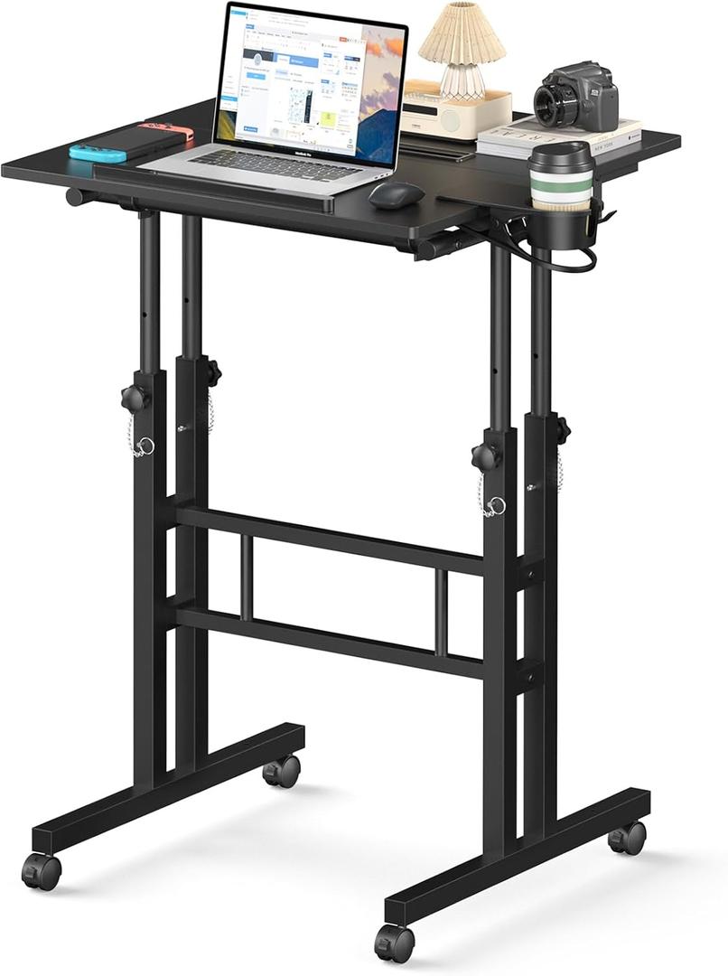 Enayplon Small Standing Desk with Wheels, Mobile Stand Up Desk, Portable Standing Table on Wheels for Walking Pad, Rolling Computer Desk Adjustable Height, Tall Table (Black)