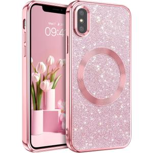 DOMAVER Case for iPhone X and iPhone Xs Case with Magnetic [Compatible with MagSafe] Luxury Clear Glitter Shockproof Protective Cover Full Camera Lens Protector Women Girls Phone Case - Pink