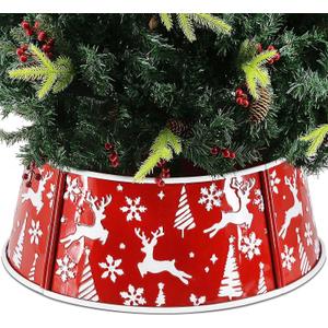 Metal Christmas Tree Collar, 26 in Round Christmas Tree Base Collar for Artificial Tree Decorations (Red White Deer Style) (Red White Deer Style)