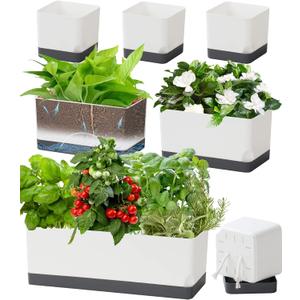 Self Watering Planters Pots for Indoor Plants, 7 Pack 4+8+17 Inch Plastic Window Boxes Planters Herb Planter, Rectangle Rectangular Planter Windowsill Planters with Drainage and Saucer