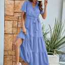 MASCOMODA Womens Summer Swiss Dot Maxi Dresses Wrap V Neck Flutter Short Sleeve Boho Casual Flowy Long Wedding Guest Dress (Blue, S)