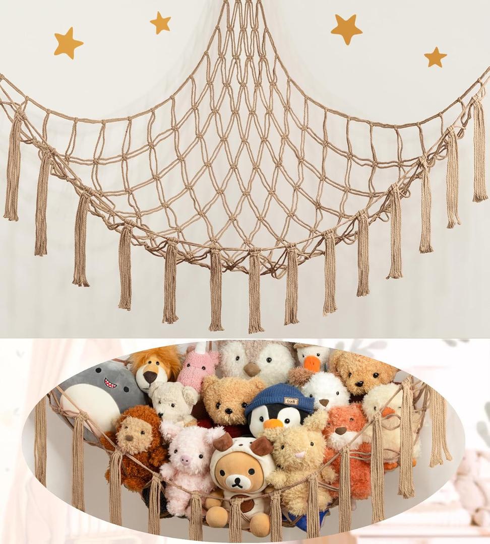 Stuffed Animal Storage Hammock or Net Corner - Large Toy Hammock Net for Stuffed Animals Room Decor - Cute Stuff Animal Organizer Plush Holder - Kids Baby Nursery Essentials Wall Bedroom Home Decor (XL Large(51L"*51H"*65"W), Flaxen)