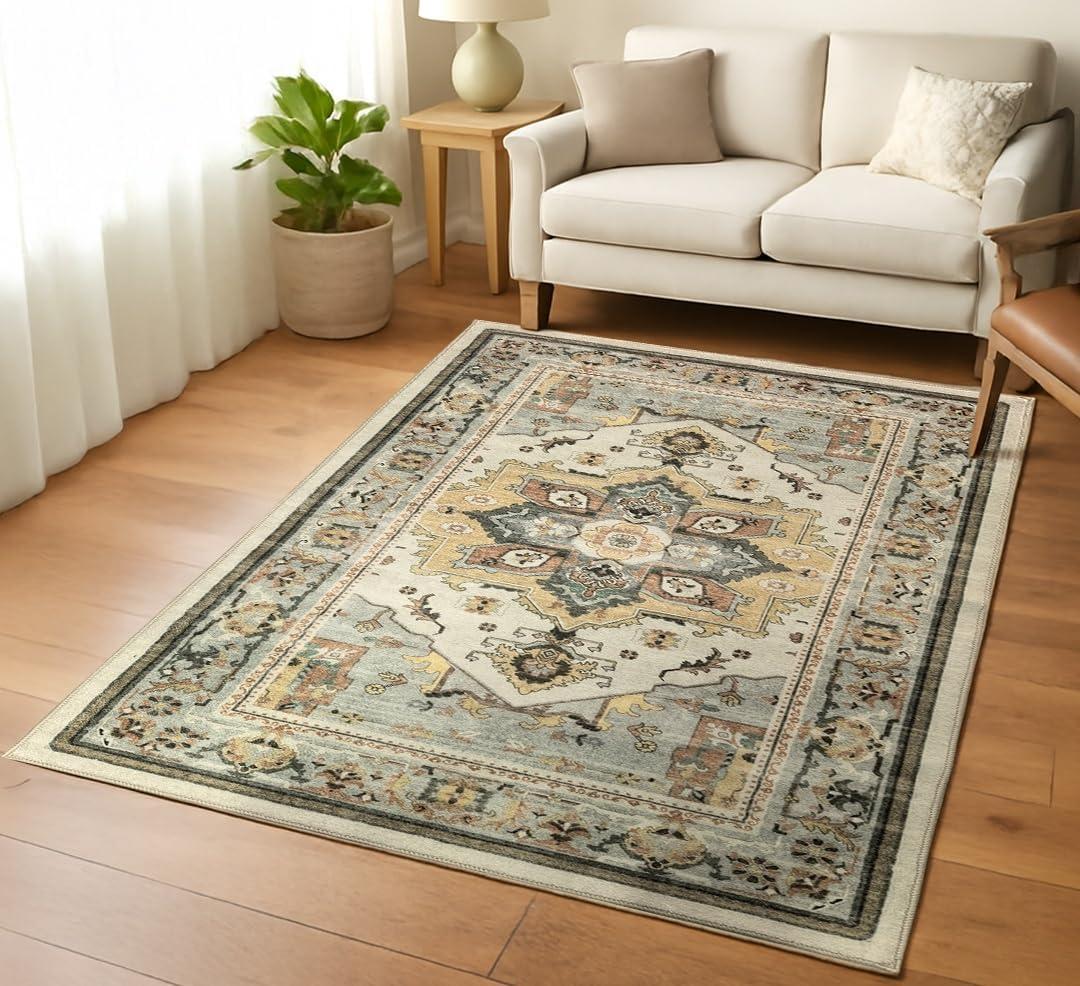 Muddy Mat® Floral Multicolor 5x7 Boho Area Rug – Washable Area Rugs for Living Room, Bedroom & Dining Room – Modern Soft Low Pile Non Slip Carpet – Pet Friendly Waterproof Foldable Rugs for Home