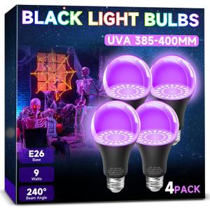 UNILAMP Black Light Bulbs: A19 9W UV Black Light Bulb, UVA 385-400nm, Black Light for Glow in The Dark for Face Body Paint, Blacklights Party, Halloween Decoration, 4 Pack