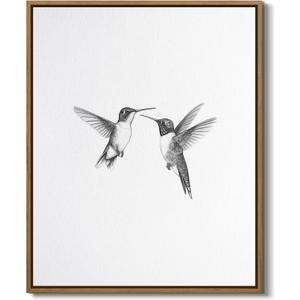 Vintage Birds Canvas Wall Art Two Hummingbirds Sketch Painting Prints Black Gray Animals Wall Decor Minimalist Poster Framed for Bird Lovers Bedroom Living Room Farmhouse Decoration Gifts, 8x10 Inch