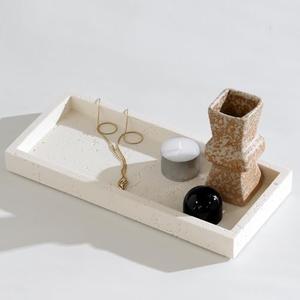 Haocoott Jewelry Tray Bathtub, Resin Stone Look Decorative Perfume Tray, Bathroom Marble Vanity Organizer Plate Holder for Ring Soap Towel Small Things on Kitchen Sink Countertop (Off White, Small)