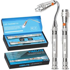 VIBELITE Extendable Magnetic Flashlight with Telescoping Magnet Pickup Tool-Cool Gadget Valentines Day Gifts for Him, Men, Teen Boys, Dad, Father, Mechanic, Boyfriend, Women, Silver, 2 Pack