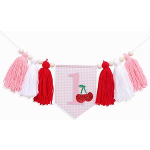 Cherry 1st Birthday High Chair Banner - Sweet One First Birthday Decorations for Girls, Cherry Sweet Yarn Tasse Highchair Banner