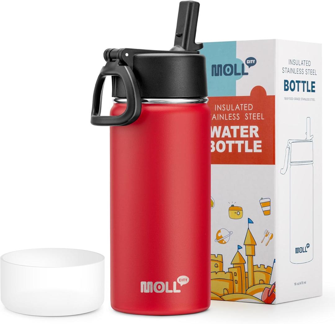 16 oz Water Bottle for Kids-Stainless Steel Double Wall Vacuum Insulated Sports Water Bottles for School, Metal Leak-Proof Water Flask with Straw for Travel (Canyon Red)