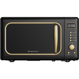 Frigidaire, 0.7 Cu. Ft. Retro Countertop Microwave Oven, 700W Compact Microwave with 8 Auto Cook Menus, Auto Defrost, 5 Power Levels, LED Display, Glass Turntable, Black Gold
