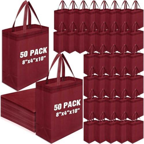 Windyun 50 Pcs Reusable Tote Bag Bulk 8 x 4 x 10 Inch Non Woven Shopping Bag with Handle Christmas Reusable Grocery Gift Tote (Wine Red)