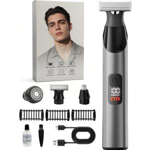 Body Hair Trimmer for Men & Beard Trimmer, All-in-One Grooming Kit with Perforated Dual-Sided Blade, Magnetic Detachable Heads, IPX7 Waterproof Wet and Dry Shaver, LED Display, Misty Gray