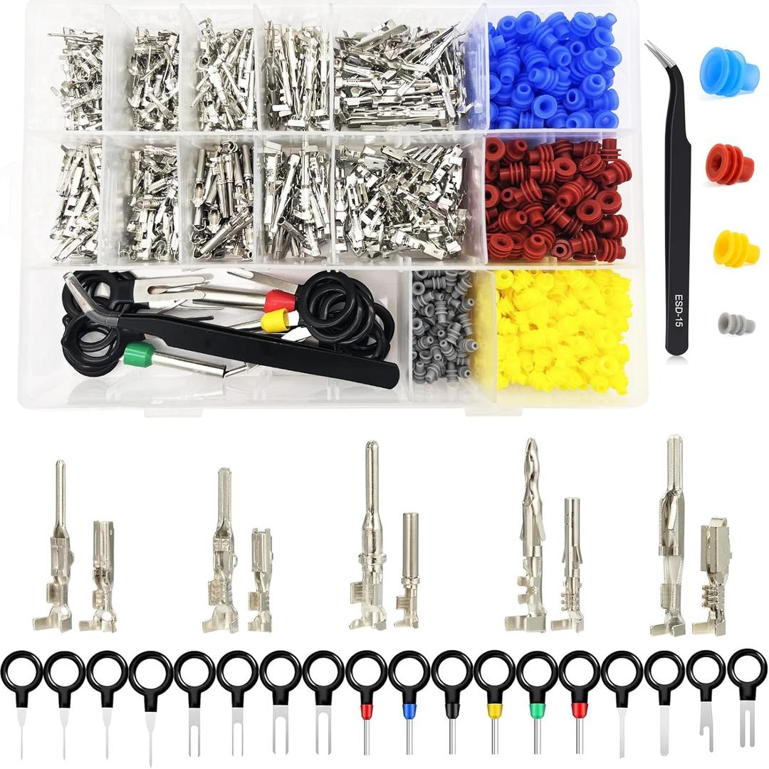 859pcs Automotive Electrical Pin Connectors Kit 1.5/1.8/2.5/2.8mm Pin Terminals Wire Connector Pins Male Female Crimp Pins with Wire Seals Terminal Removal Tool and Tweezer for 22-12 Gauge Plug
