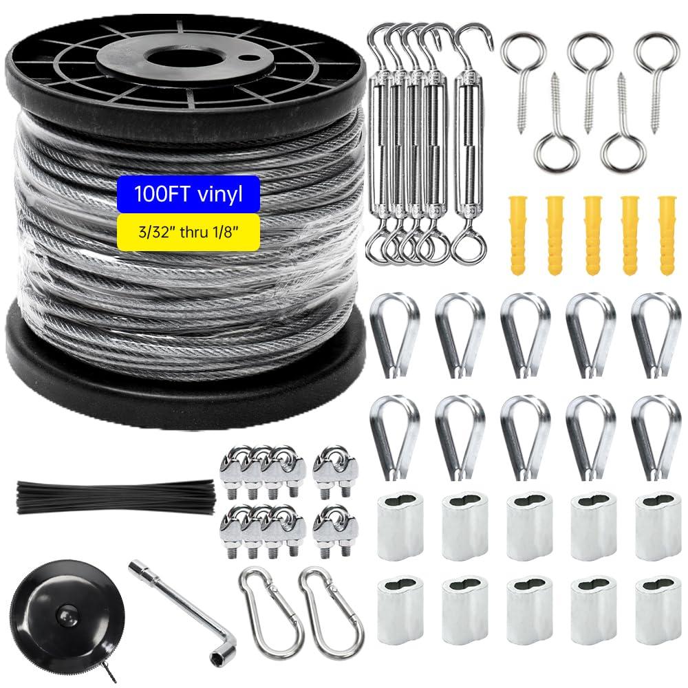 1/8" Wire Rope Kit, 100FT String Light Hanging Kit, Turnbuckles for Cables Wire, Vinyl Coated Stainless Steel Cable Wire for Outdoor, Garden, Kitchen, Craft with Turnbuckle (Black)