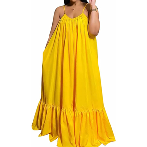 Womens Sexy Sleeveless Spaghetti Strap Dress Ruched Ruffle Hem Beach Loose Long Maxi Swing Dress Plus Size XL