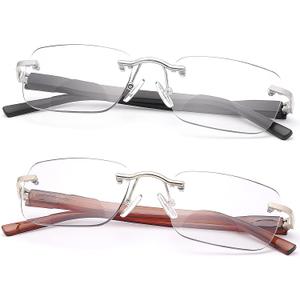 2 Pack Rimless Spring Hinge Photochromic Sun Readers Blue Light Blocking Computer Reading Glasses UV400 Protection Transition Sunglasses Shades Anti Glare Eyewear Gaming Eyeglasses for Men Women
