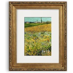 Antique Gold 8x10 Picture Frame, Ornate Embossing Frame with Paper Mat and Real Glass, Fit for 8x10 without Mat or 5x7 with Mat, Tabletop or Wall Mounting Display, Pack of 1