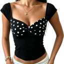 WDIRARA Women's Polka Dots T Shirts Twist Front Sweetheart Neck Cap Sleeve Tee Tops, Small
