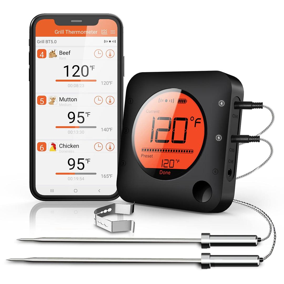 BFOUR Meat Thermometer Wireless Bluetooth, LCD Digital Meat Thermometer with Dual Probe, Wireless Remote BBQ Thermometer for Smoker Kitchen Cooking Grill Thermometer for Grilling BBQ Oven (2 x Probes)