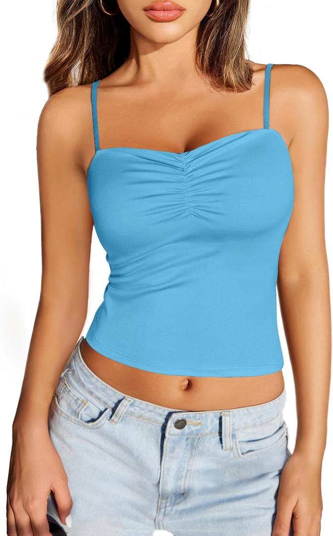 Avidlove Sexy Camisoles Tank Tops for Women Cute Spaghetti Strap Crop Ruched Tube Top (Blue, S)