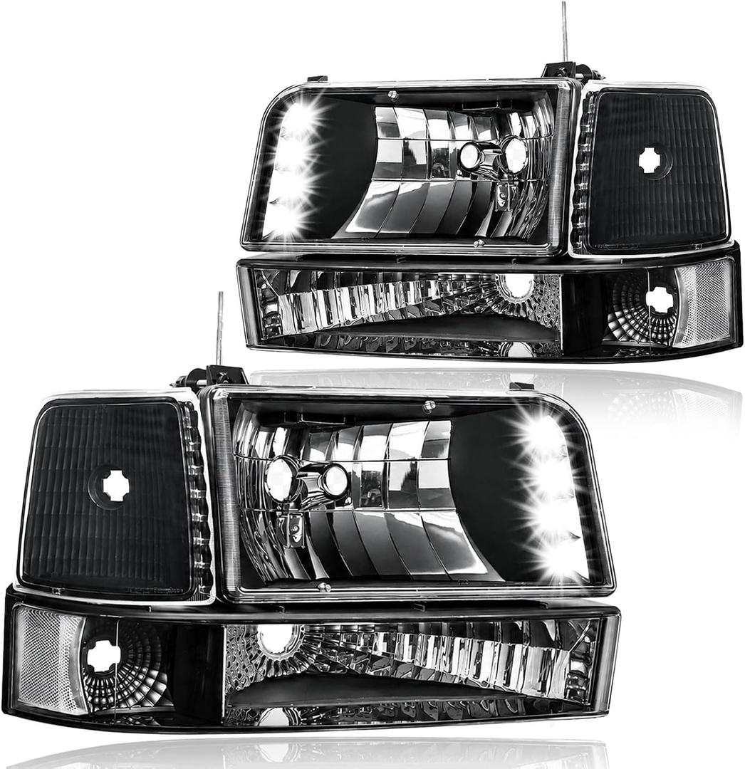 LED Headlights for 1992 1993 1994 1995 1996 Ford F150/F250/F350/Bronco Headlamp w/LED Bar Pair of Driver Left & Passenger Right Side Black Housing Clear Reflector
