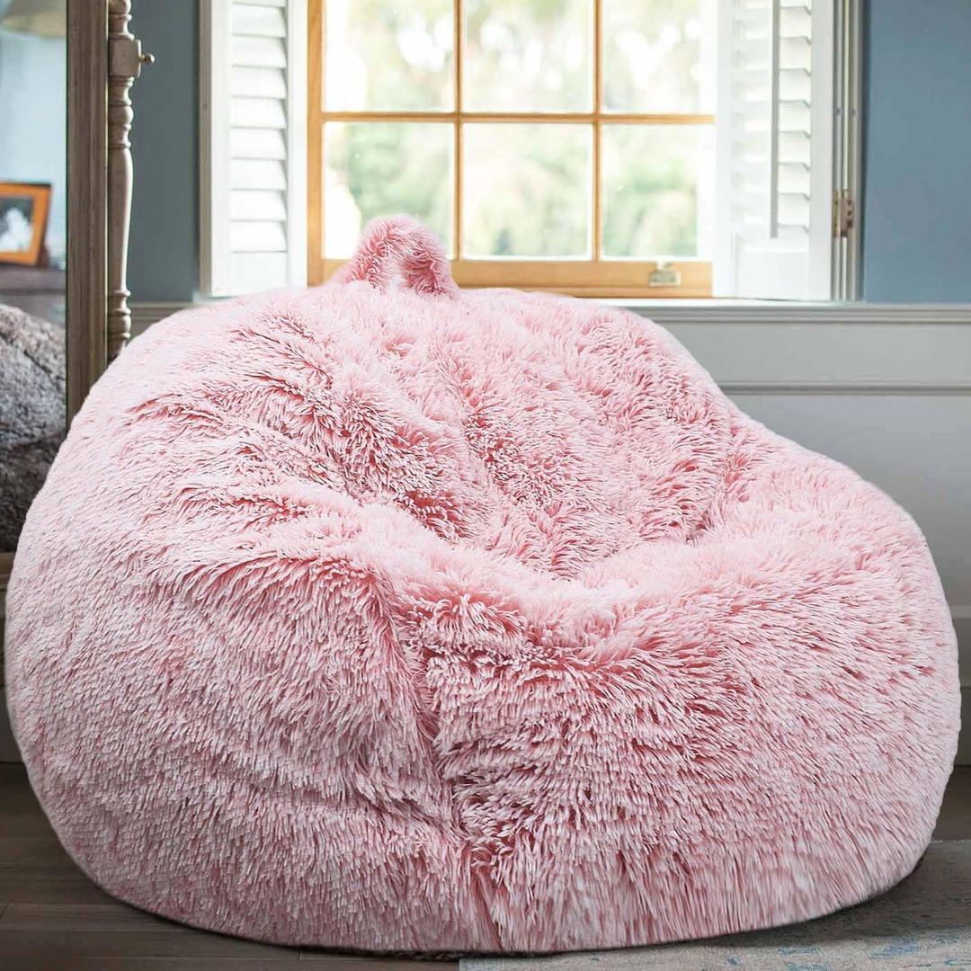 Fluffy Stuffed Animal Storage Bean Bag Chair Cover (No Filler), Faux Fur Comfy Bean Bag Cover for Organizing Plush Toys or Textile, for Adults Teens Kids Girls,Dusty Pink