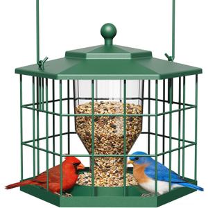 Birdream Squirrel Proof Bird Feeders for Outdoor Hanging, Metal Cage Bird Feeder with Rain Proof Covered for Wildbirds Bluebird Finches, Green