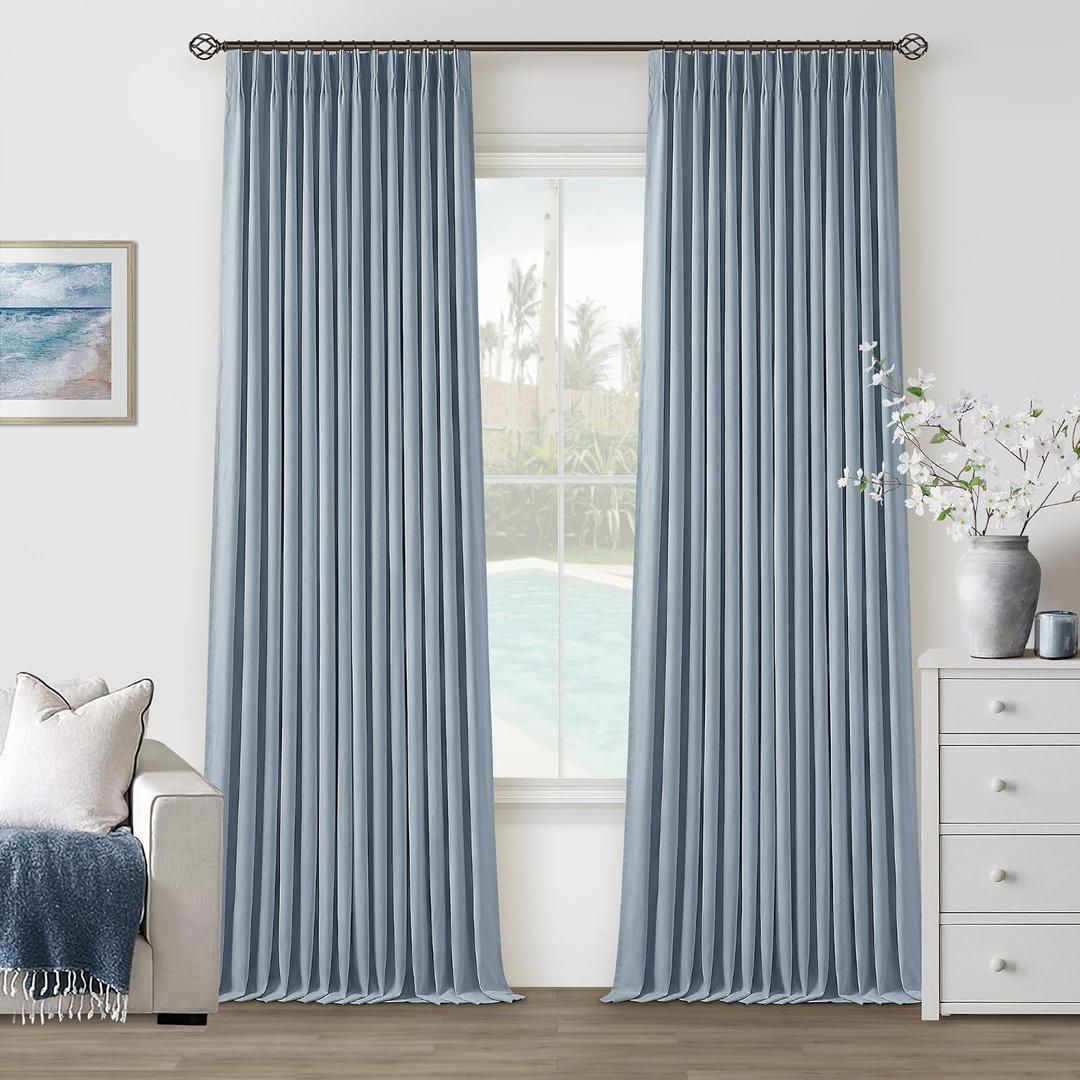 Light Blue Pleated Linen Blackout Curtains 90 Inches Long for Bedroom Living Room Pinch Pleat Black Out Thermal Insulated Ring Hooks Back Tab Room Darkening Drapes Dusty Blue Grey Curtains with Liner