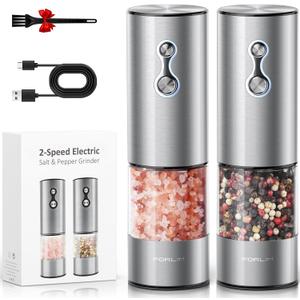 FORLIM Rechargeable Electric Salt and Pepper Grinder Set, Dual-Speed Control, Stainless Steel Automatic Salt & Pepper Mill with Dust Cover, 2 LED Lights, Adjustable Coarseness (2-Pack, Glossy Silver)