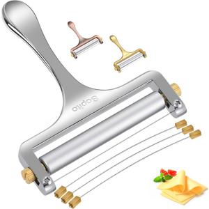 Sopito Stainless Steel Wire Cheese Slicer With 3 Extra Wires Adjustable Thickness, Handheld Cheese Block Cutter for Cheddar, Gruyere, Raclette, Mozzarella (Silver)