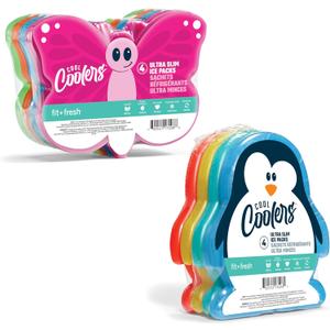 Fit & Fresh Cool Coolers Kids Lunch Box Ice Packs, Slim Ice Packs for Lunch Bags, Multicolored Penguin and Butterfly Set, 8PK