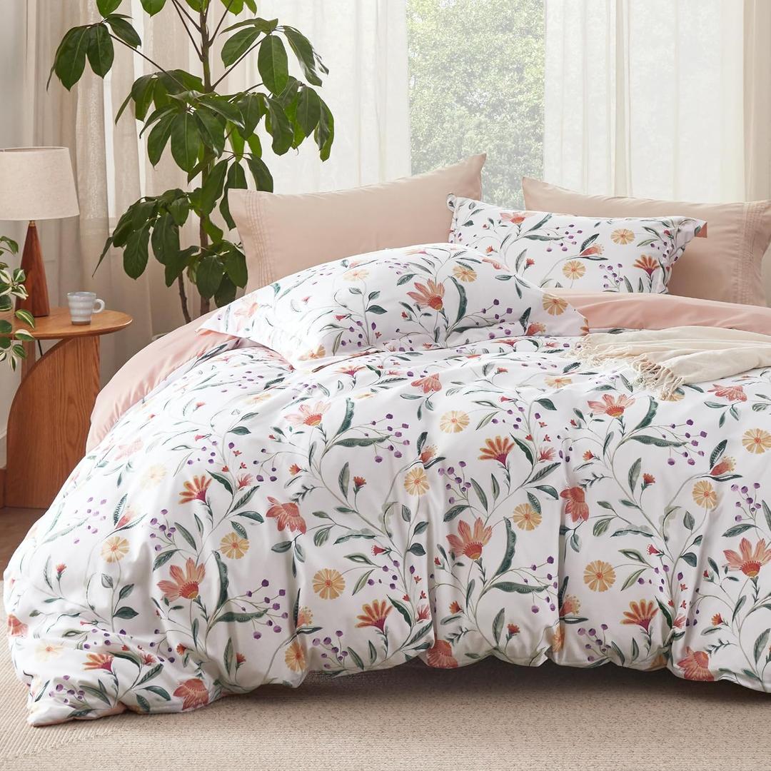 Bedsure Duvet Cover Queen Size - Reversible Floral Duvet Cover Set with Zipper Closure, 3 Pieces Pale Blush Bedding Set with 8 Corner Ties and 2 Pillow Shams 20"x26"