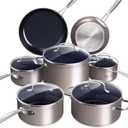 Nuwave Healthy Duralon Blue Ceramic Nonstick Cookware Set, Diamond Infused Scratch-Resistant, PFAS Free, Dishwasher & Oven Safe, Induction Ready & Evenly Heats, Tempered Glass Lids & Stay-Cool Handles (Clay)