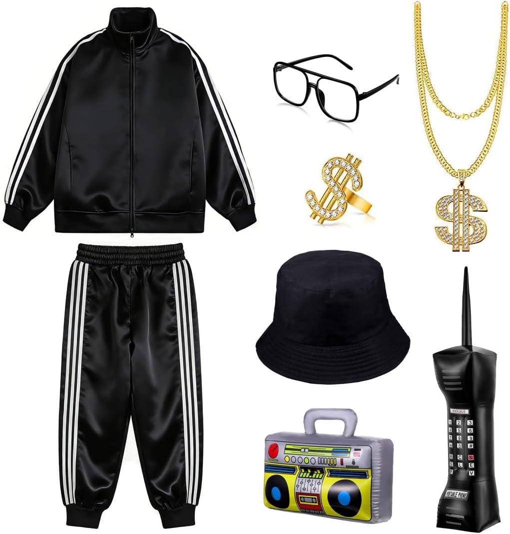 Kids Hip Hop Outfit Costume 80s 90s Track Suit for boy 8pcs Set Halloween Cosplay 12-13Y