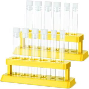 Copkim 2 Sets Test Tubes with Rack Clear Plastic Test with Caps and 6 Holes Holder Rack Nurse Party Decorations Shot Tubes for Scientific Experiments Party Favors Candy (Yellow, Removable)