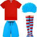 4 Pcs Boys Red and Blue Costume Set, Red T shirt, Lake Blue Pants, Wig, Striped Stocking for Party Cosplay (Classic Color, Size: M)