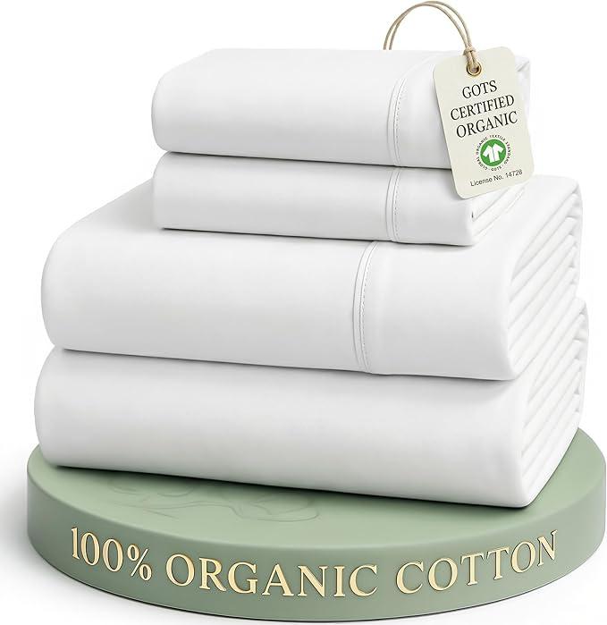LANE LINEN Eco Friendly 100% Organic Cotton Queen Sheet Set, Soft & Comfy Fully Elasticized 15" Deep Pocket Bed Sheets, Low Pill Naturally Cooling Machine Wash Sábanas Queen- White Bed Sheets