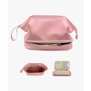 Vogewood Bridesmaid Gift, Initial Makeup Bags, Personalized Double Layer Cosmetic Bag with Makeup Brush Organizer, Waterproof, Large Capacity PU Leather Travel Toiletry Bag