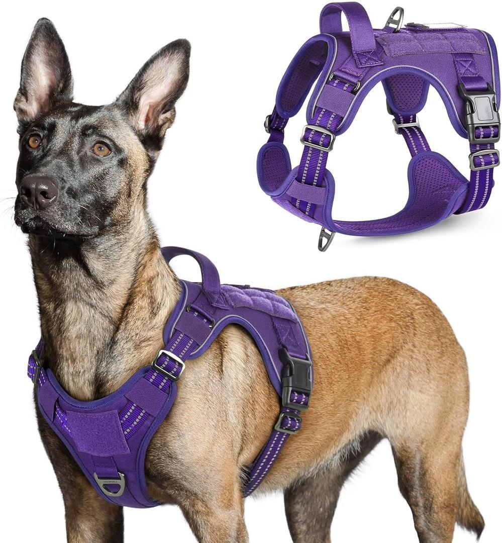 rabbitgoo Tactical Dog Harness for Large Dogs, No Pull Military Service Vest with Handle & Molle, Easy Control for Training Walking, Adjustable Reflective Straps, Purple, Large