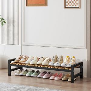 Shoe Rack Organizer for Small Spaces 1 Tier Long Narrow Shoe Stand, Closet Shoe Rack, Small Shoe Shelf for Closet Entryway Corner Garage and Bedroom Front Door - Shoe Storage Combining Wood and Metal (Black)