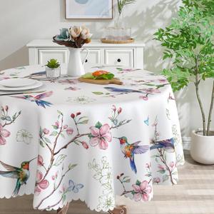 Spring Round Tablecloth 70 inches - Spring Decorations for Home - Water Resistant Washable Bird Foral Table Cloth, Spring Decor for Home, Kitchen, Party
