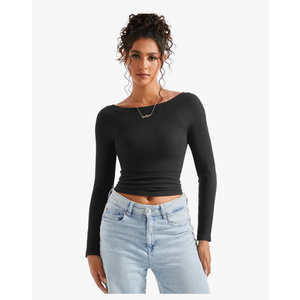 SUUKSESS Women Spring Modal Ribbed Top Boat Neck Long Sleeve Shirts Basic Going Out T Shirts M
