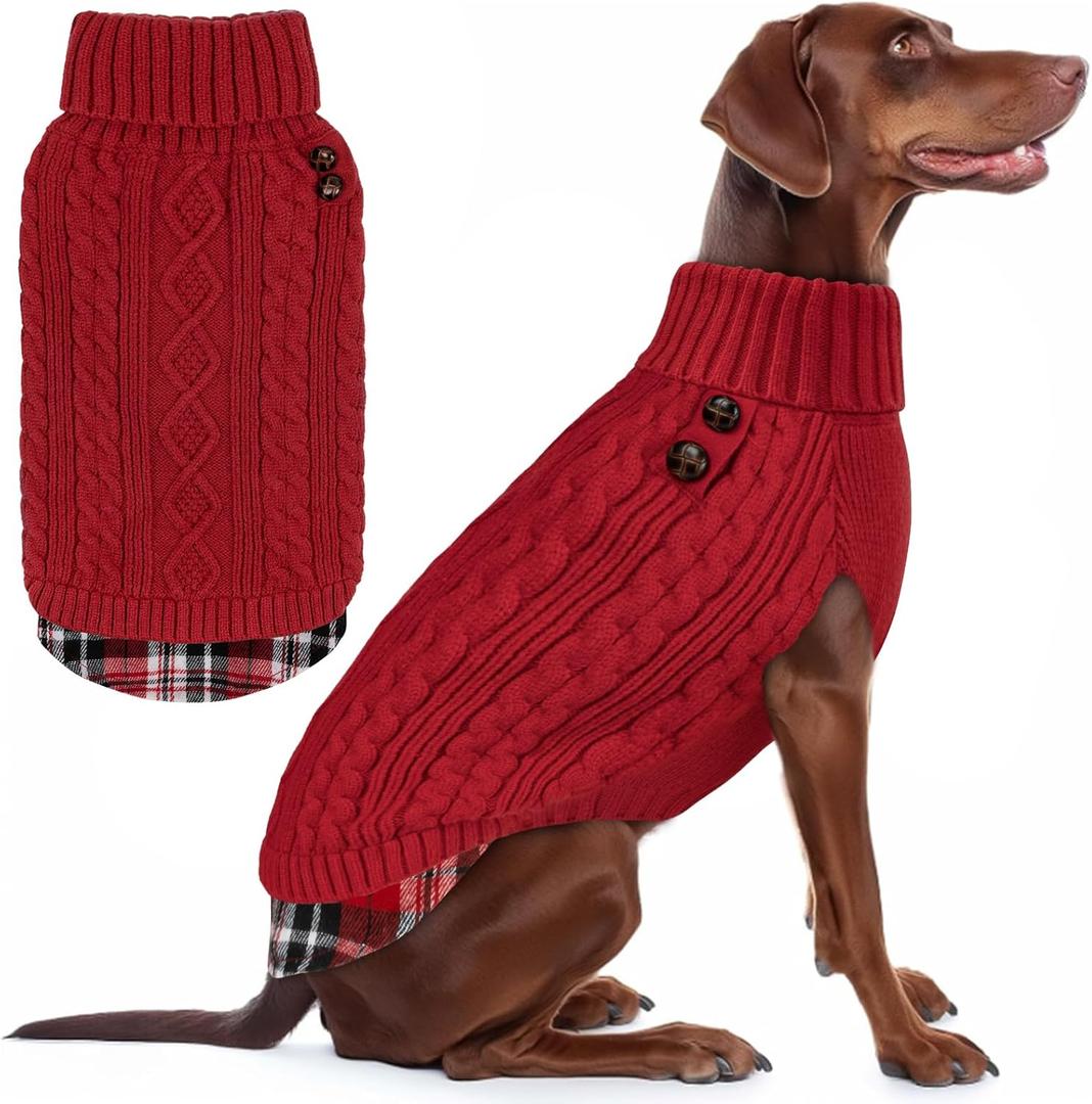 KYEESE Dog Sweater Warm Dog Sweater Turtleneck Large Pet Sweater with Gingham Patchwork Comfy Pet Coat for Fall Winter Cold Weather Soft Pullover Dogs Sweaters for Large Dogs (3XL60-80lbs, 2# Red)