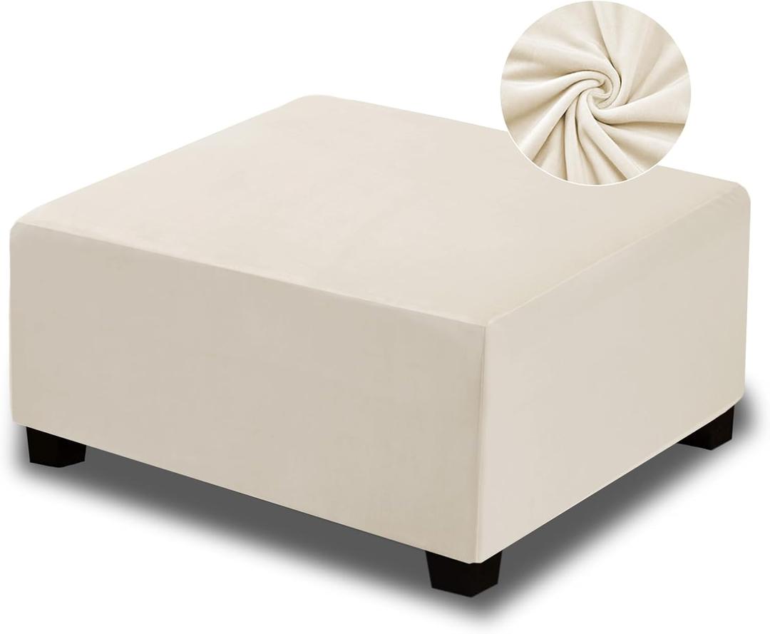 NeColorLife Square Ottoman Cover Velvet Ottoman Slipcover Thick Stretchable Footrest Stool Covers with Elastic Band for Oversized Ottoman (XX-Large Size,(with Warm Undertones)) (XXL Length: 45"-55",Width: 45"-55", Cream)