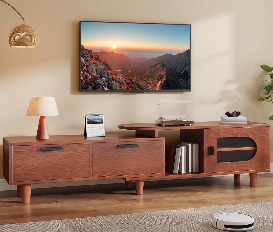 YITAHOME Mid Century Modern TV Stands with 2 Drawers, Adjustable to Corner TV Cabinet, Extendable Entertainment Center, TV Consoles for Living Room, Retractable to 64 Inches (Red Brown Walnut)