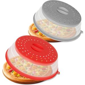 2 Pack Collapsible Microwave Splatter Cover, Vented Microwave Lid with Hook Hole, Splatter Guard for Plate Dish Bowl, Vegetable Fruit Colander Multi-function Kitchen Gadget, (Grey & Red)